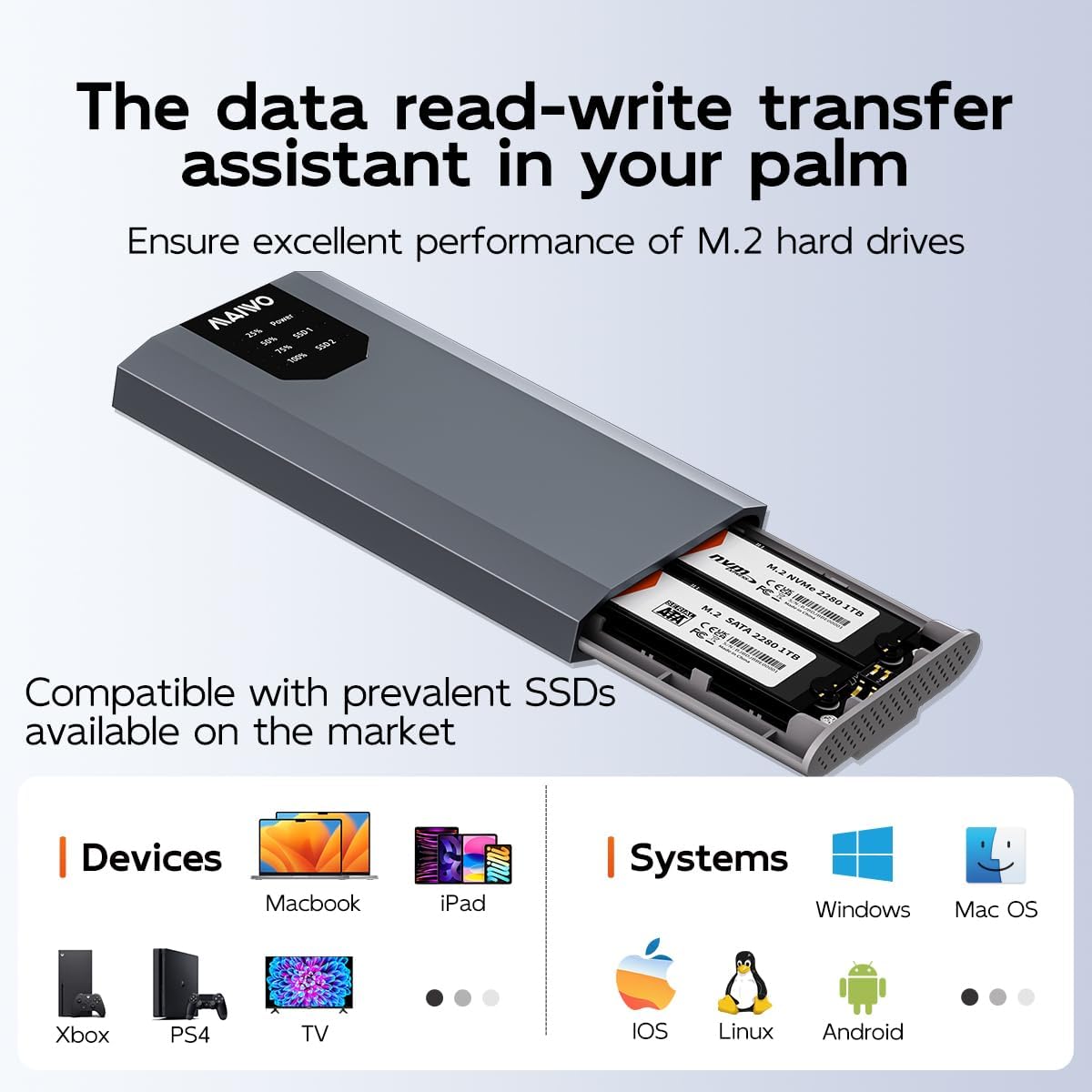 MAIWO Dual-Bay M.2 SSD Enclosure Cloner for NVMe & SATA, USB3.2 GEN2X2 10Gbps M.2 Offline Duplicator Supports SATA to NVMe and NVMe to SATA, Dual M.2 Enclosure for SSDs Sizes 2230/2242/2260/2280