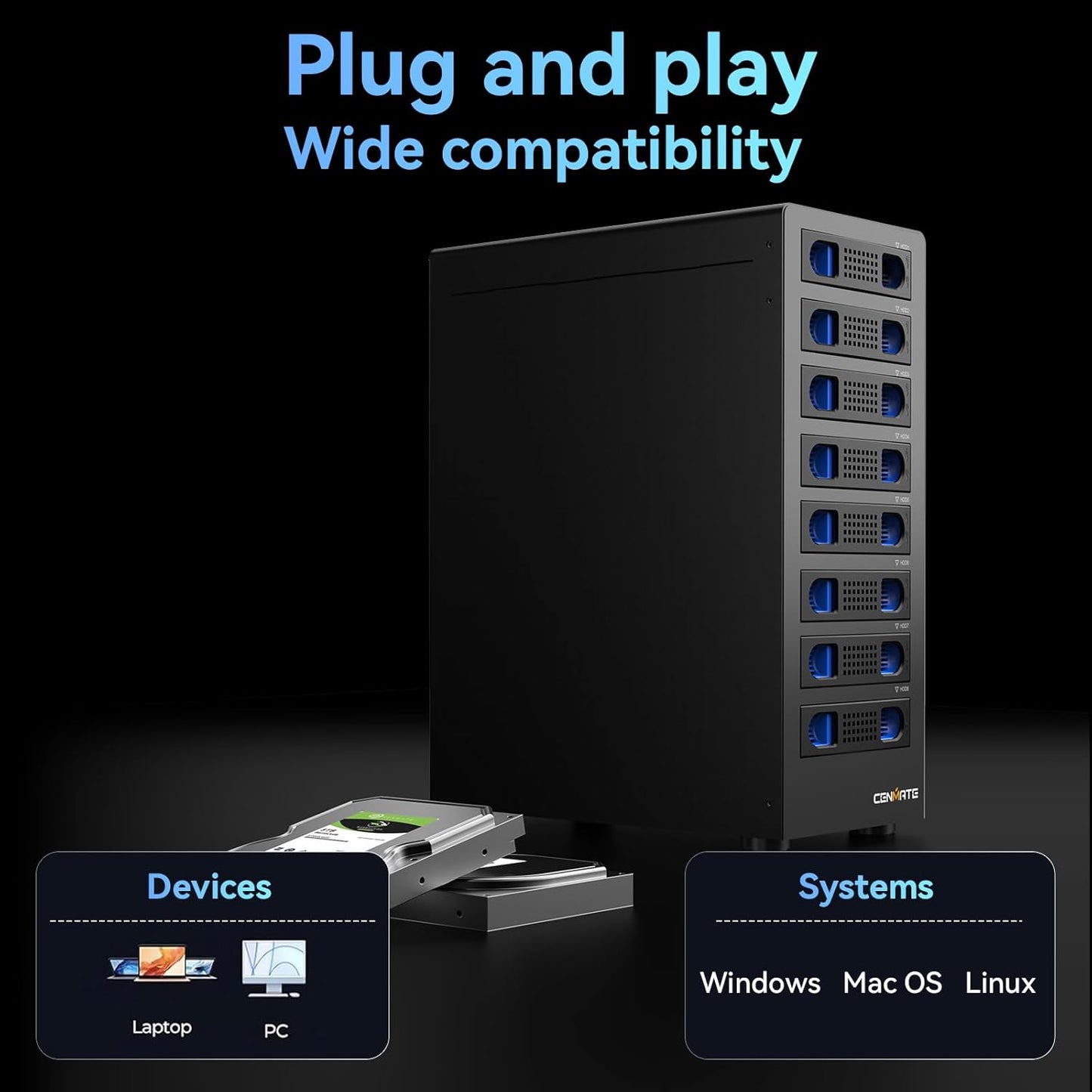 8 Bay Hard Drive RAID Enclosure with Cooling Fan for 2.5/3.5" SATA HDD/SSD with USB A/C 3.0+eSATA Cable, 3.5 Hard Drive Enclosure Supports 160TB Capacity, 8 RAID Modes, DAS(NO NAS)