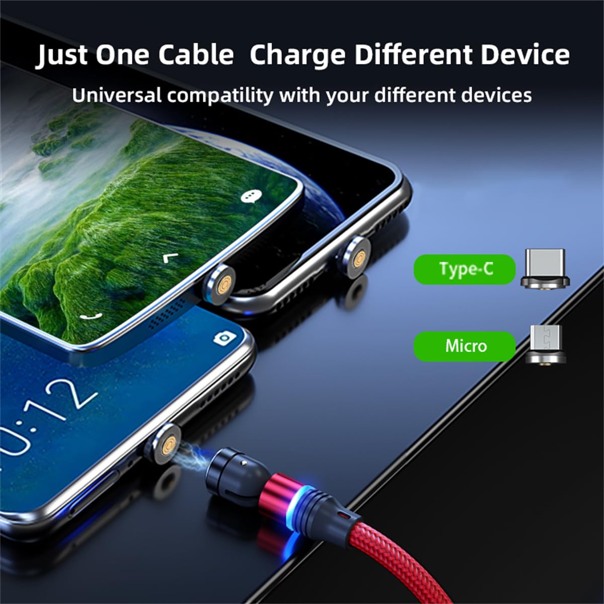Magnetic Charging Cable (6-Pack,1.6+3.3+3.3+6.6+6.6+10ft) 540° Rotation Magnet Phone Charger USB C Cable 3A Fast Charging Magnetic Charger Cable with LED Light for Micro USB Type C Device