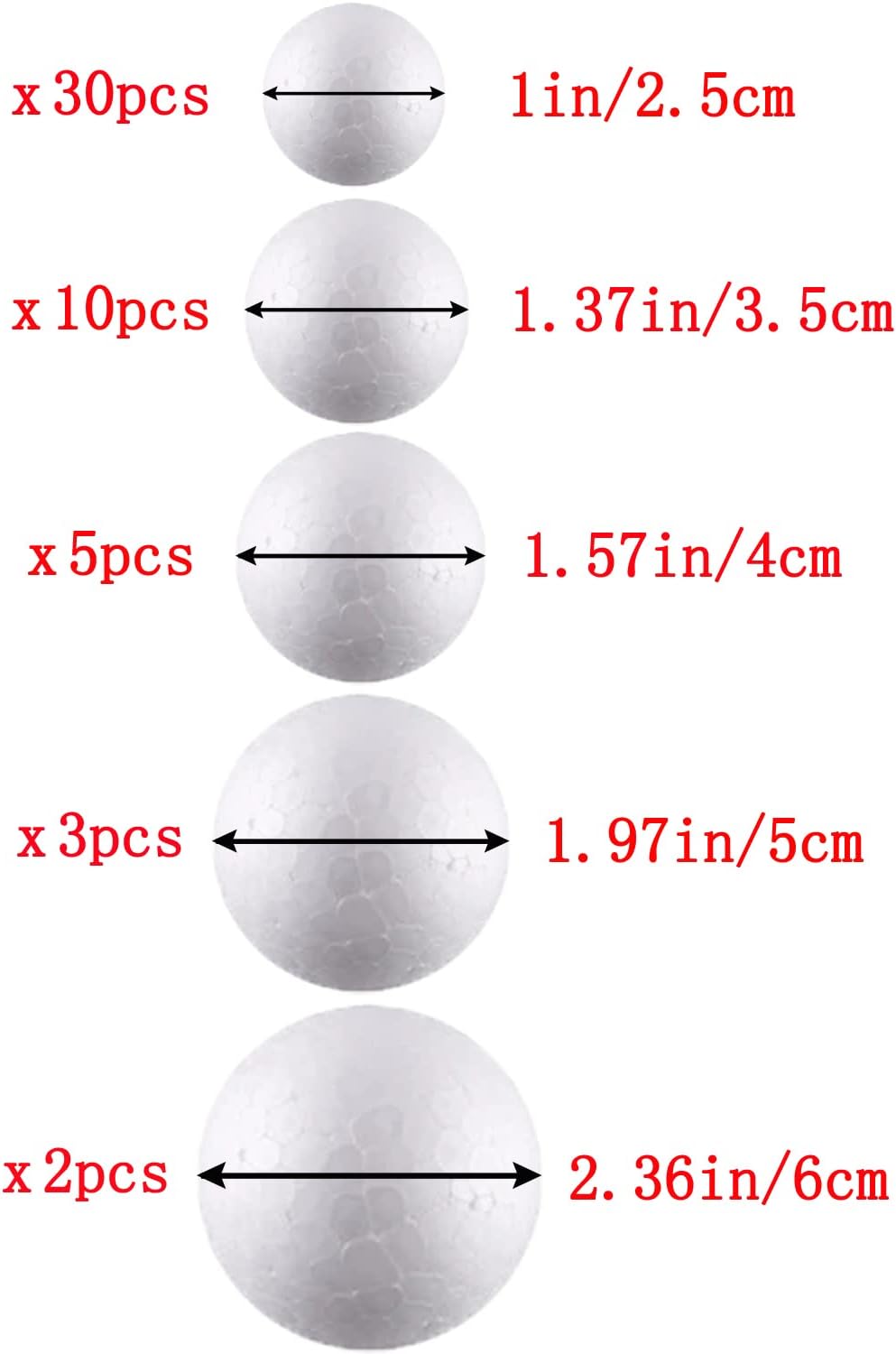 hesmartly 50 Pack Craft Foam Balls,White Polystyrene Smooth Round Balls, 5 Sizes Foam Balls and 2 Pieces Painting Brushes for DIY Projects Arts and Crafts Supplies