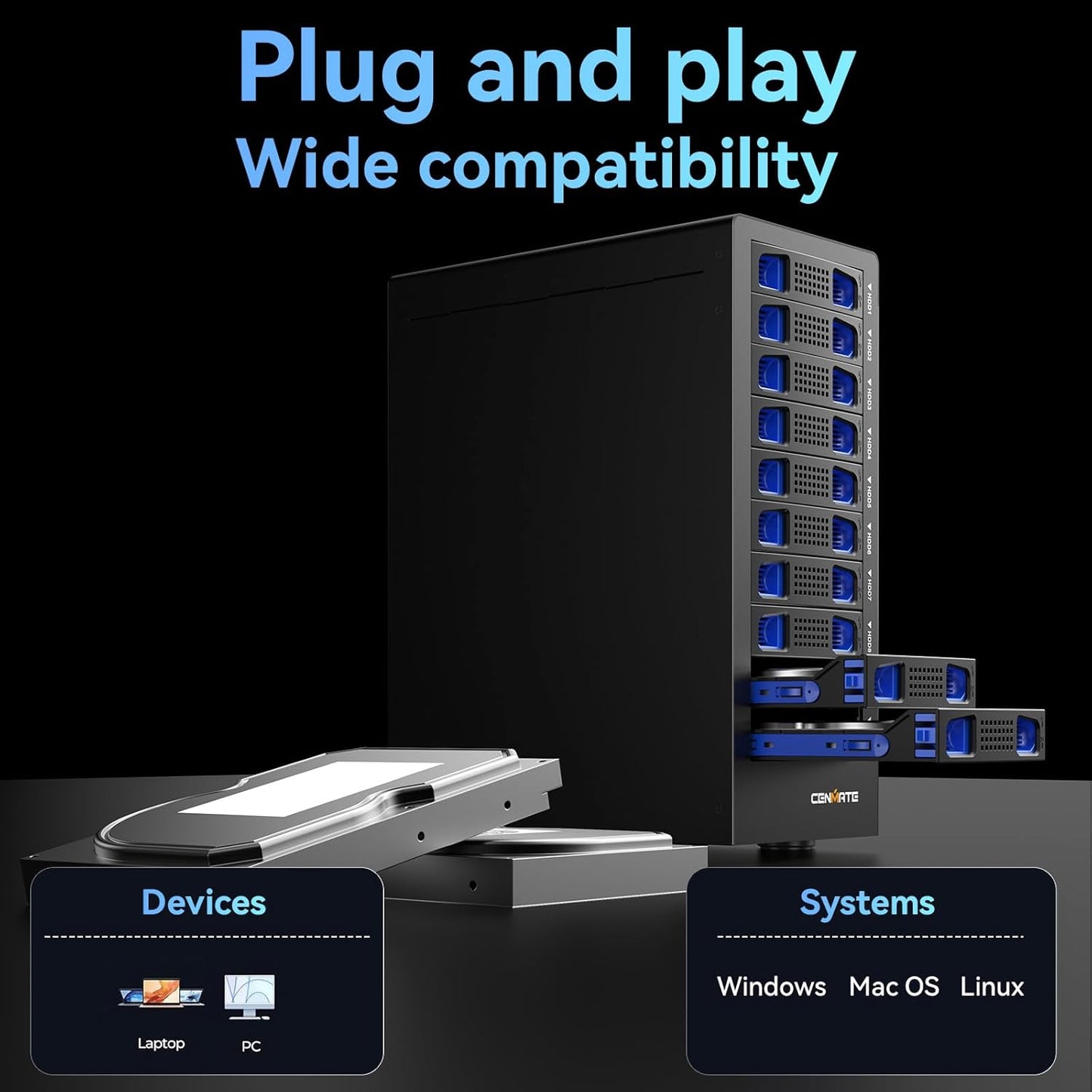 10 Bay Hard Drive RAID Enclosure with Cooling Fan for 2.5/3.5" SATA HDD/SSD with USB A/C 3.0+eSATA Cable, 3.5 Hard Drive Enclosure Supports 160TB Capacity, 8 RAID Modes, DAS(NO NAS)
