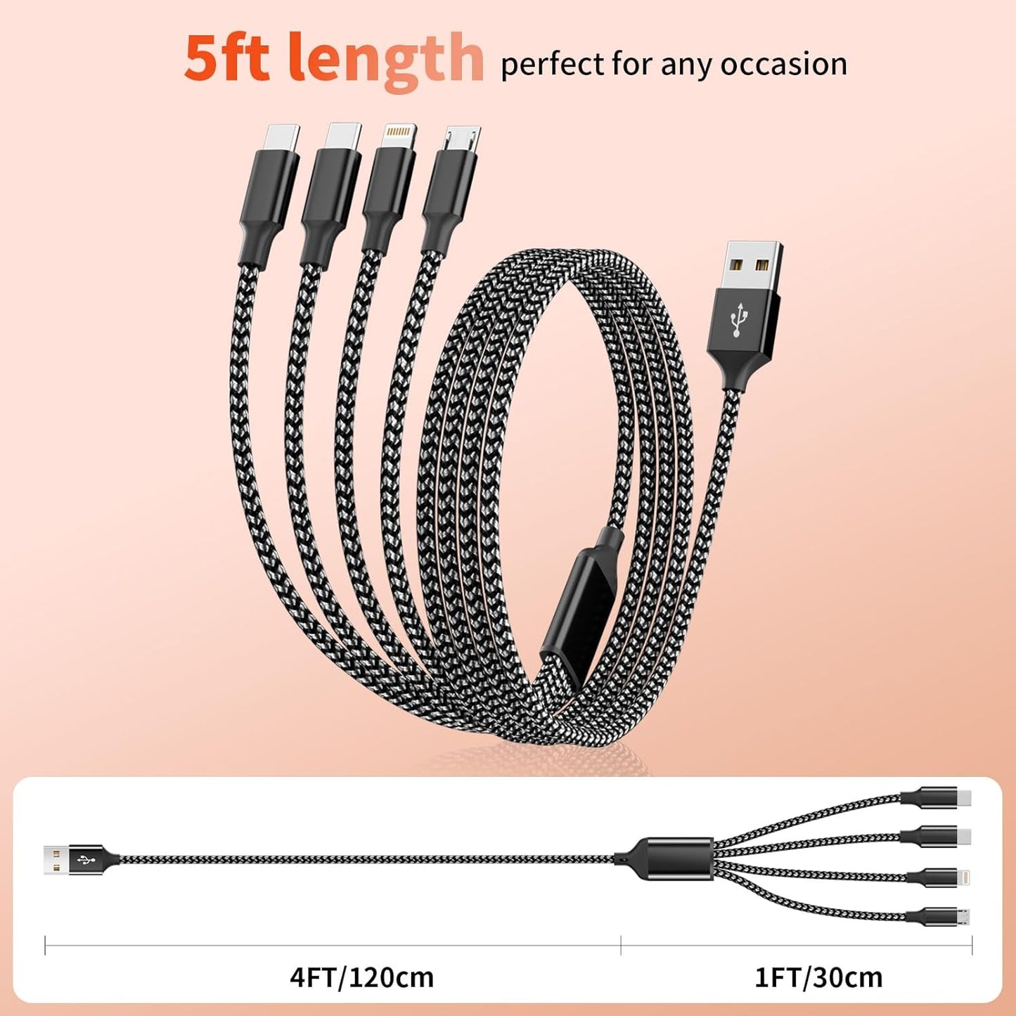 Multi Charging Cable,Dual Type-C Multiple Charger Cable Nylon Braided 4 in 1 Multi USB Cable Charging Cord with IP/Type C/Micro USB Ports for Cell Phones/iPhone/Tablets/Galaxy & More-1Pack 5Ft