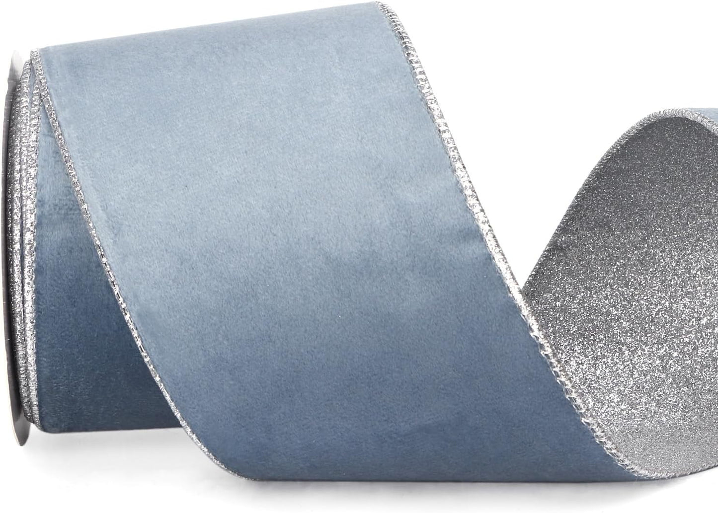 Ribbli Dusty Blue Velvet Wired Ribbon 4 Inch Dusty Blue Velvet with Silver Glitter Christmas Ribbon for Christmas Tree Decoration Big Bow Gift Wrapping Crafts Wreaths Supplies- 10 Yards