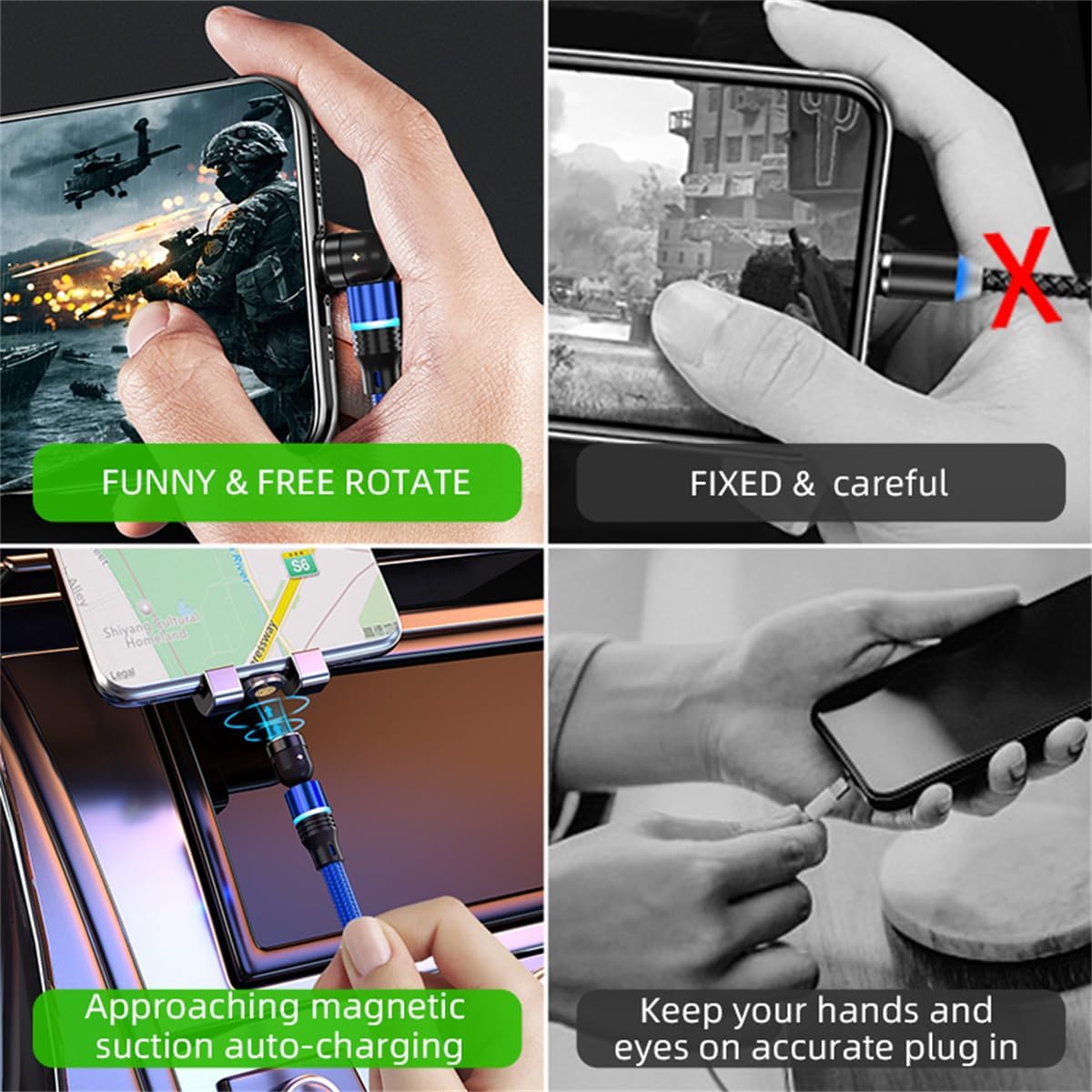 Magnetic Charging Cable (6-Pack,1.6+3.3+3.3+6.6+6.6+10ft) 540° Rotation 3A Fast Charging Data Sync 3 in 1 Magnetic Phone Charger Cable with LED Light Compatible with Micro USB Type C Phone Device