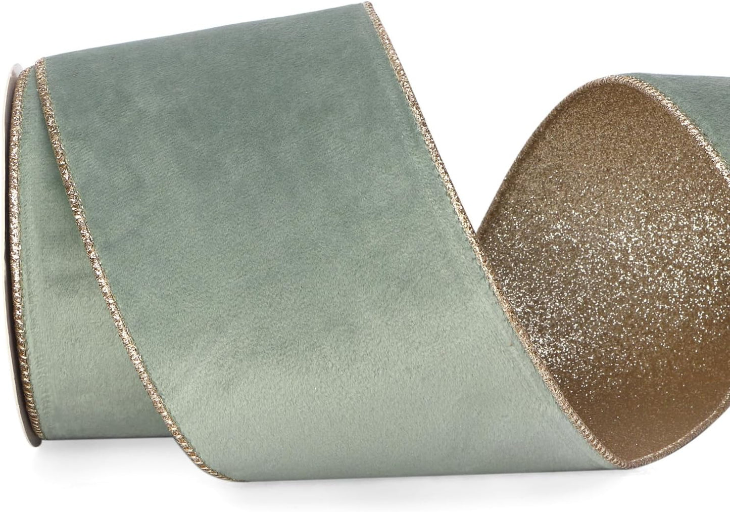 Ribbli Sage Velvet Wired Ribbon 4 Inch Sage Velvet with Champagne Glitter Christmas Ribbon for Christmas Tree Decoration Big Bow Gift Wrapping Crafts Wreaths Supplies- 10 Yards