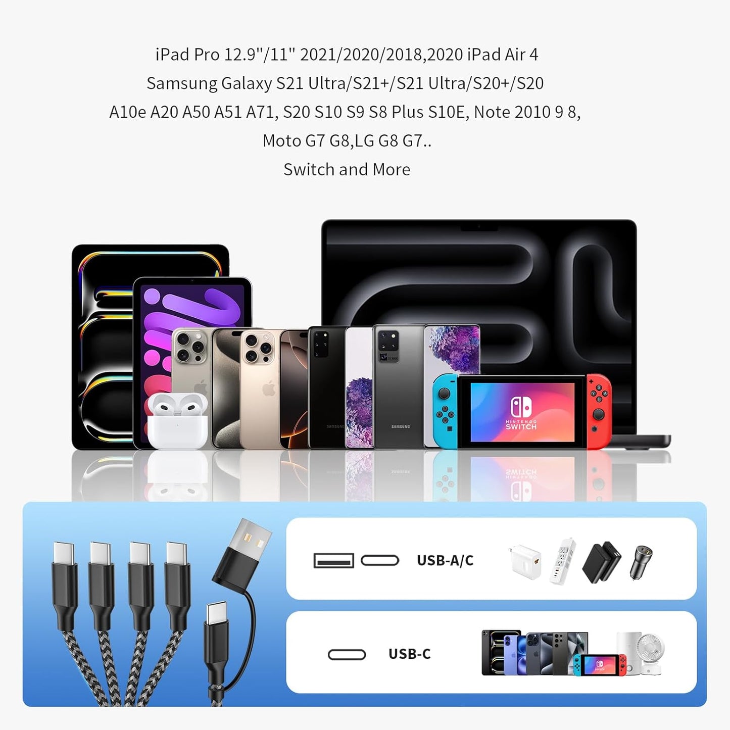 USB C Splitter Multi Charging Cable,USB A/C to USB C Charging Cord,Dual Type C Charger Cord,4 in 2 Multi Charger Cord with 4 Type-C Connectors Compatible with iPhone17/16/Cell Phones Tablets and More.