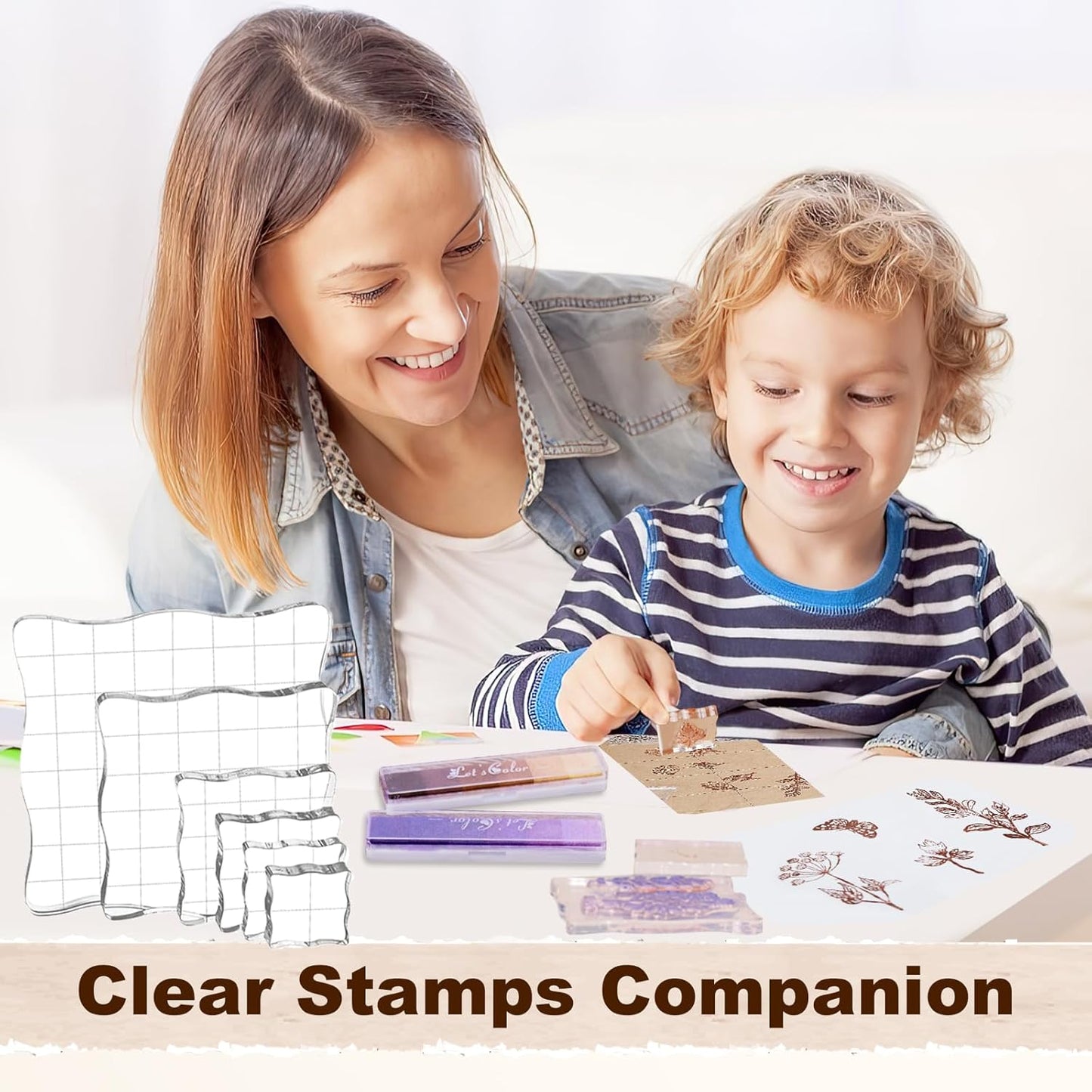 UCEC 4 Sheets Clear Stamps Set for Card Making and 2 Pcs Acrylic Stamp Block, Vintage Plants and Flowers Rubber Silicone Stamps, Small Clear Stamps for Crafts Decoration and DIY Scrapbooking