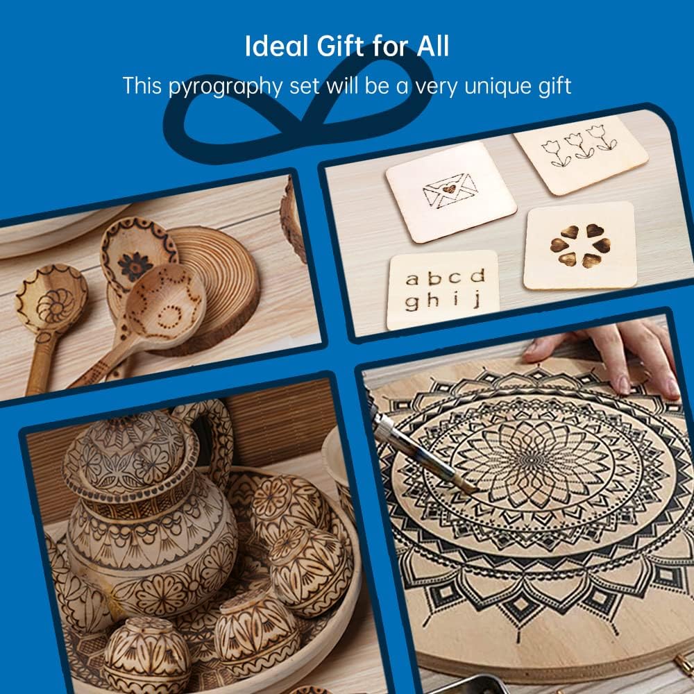 Goodcrafter Pyrography Pen 2-IN-1 Wood Burning Kit 101-IN-1,200~480°C (withTemp Display)/Wire-Nib 250~750°C Temp adjustable with 20 Nibs,53 Solid Points,12 Stencils and 15 Wood Chip(Mother's Day gift)