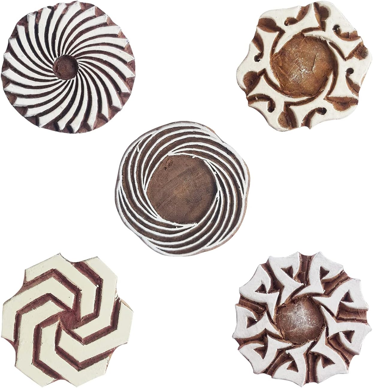 Royal Kraft Round Wooden Printing Stamps (Set of 5) - DIY Henna Fabric Textile Paper Clay Pottery Blocks Htag2210