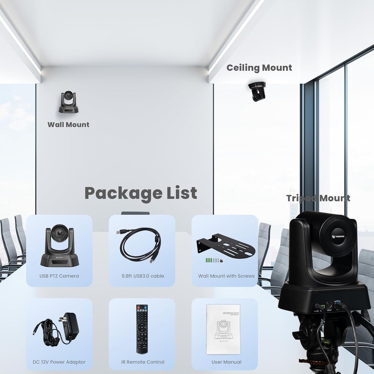 TONGVEO 3X Optical Zoom PTZ Camera HDMI USB 3.0 1080P 60fps 114-Degree Wide-Angle for Video Conference Business Meeting Live Streaming Online Learn with Zoom YouTube Teams OBS and More