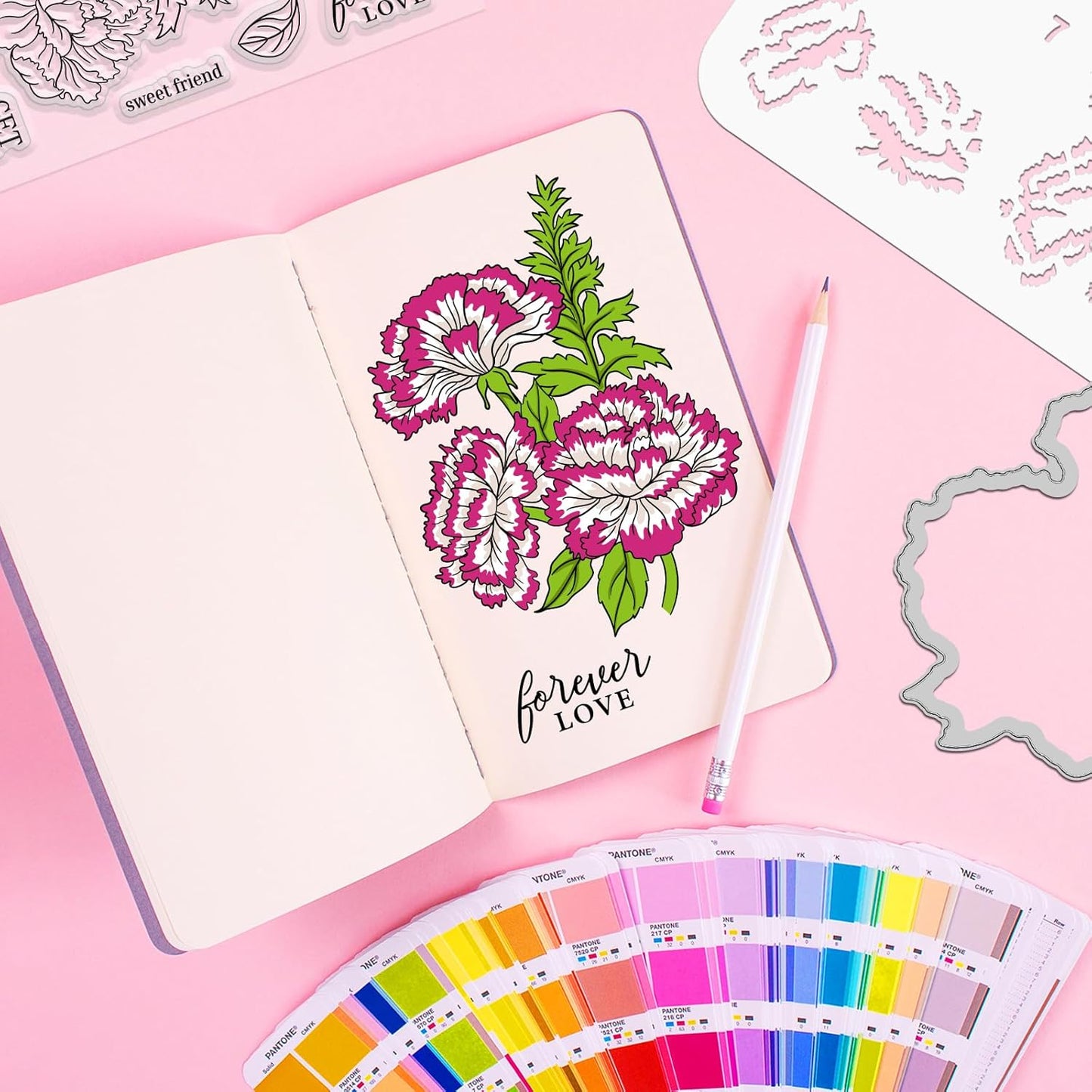 ORIGACH Dianthus Layering Stencil Stamp and Die Set for Card Making, Flower Stencil Template Silicone Clear Stamps and Metal Die Sets for DIY Scrapbooking Photo Album Crafting