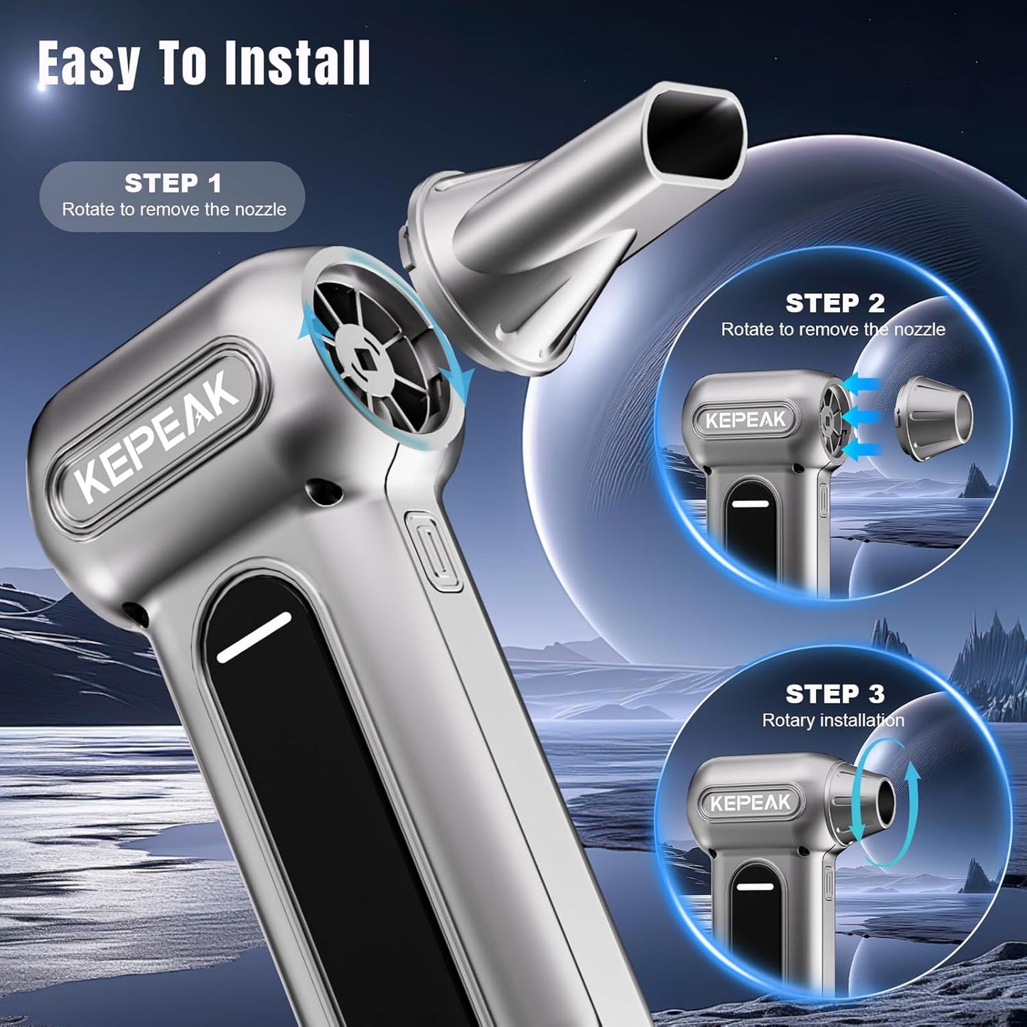 KEPEAK Electric Compressed Air Duster, 130000RPM Cordless Rechargeable Air Duster with Brushless Motor, 4 Gear Adjustable Dust Blower for Computer, Keyboard, Home, Outdoor-Replace Compressed Air Can