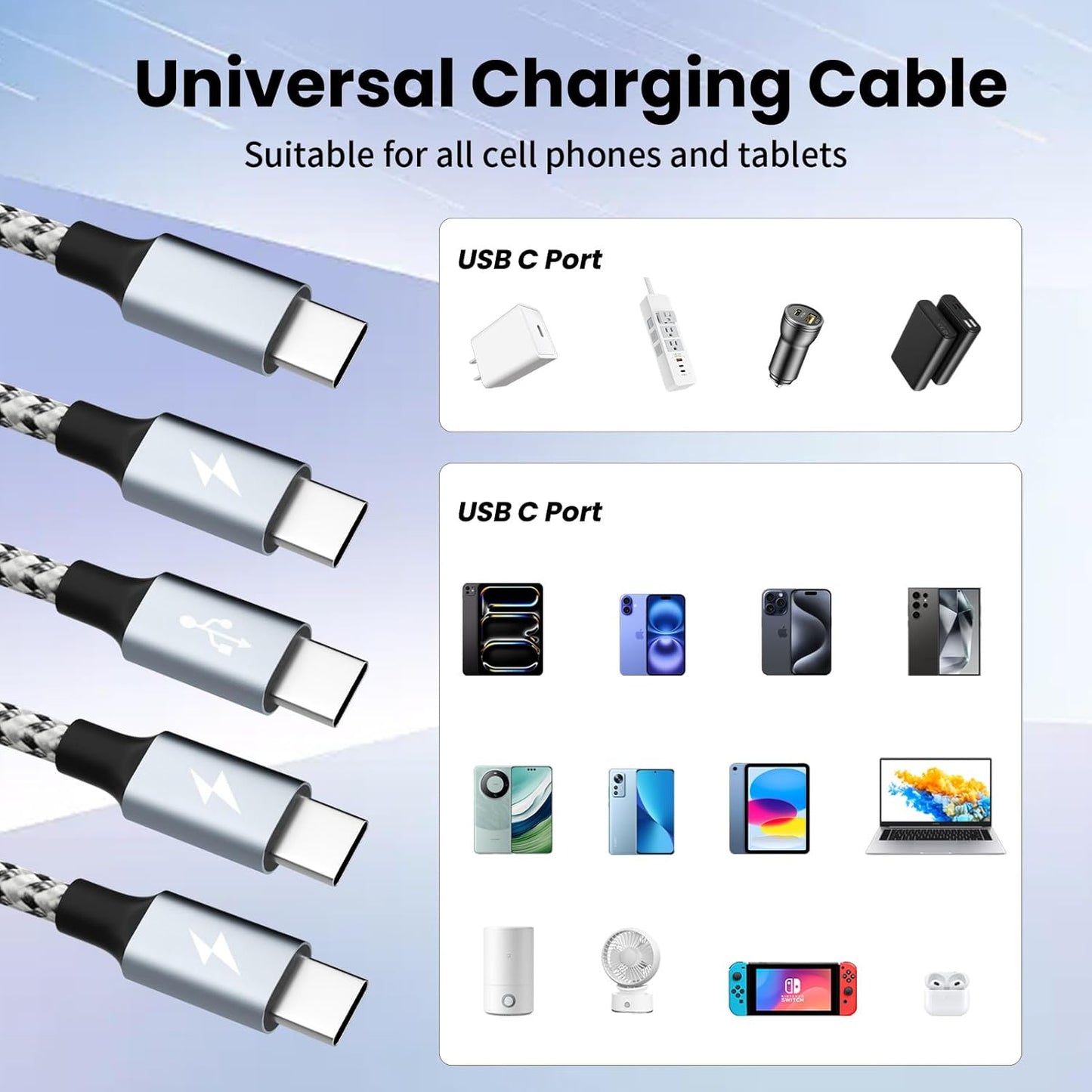 USB C Multi Charging Cable, Dual Type C Cable 1Pack 5FT, USB C Splitter with 4 Type-C Connectors,4 in 1 Multiple Nylon Braided Cable Compatible with iPhone 17 16 15 Pro Max/Galaxy/Tablets/Google.