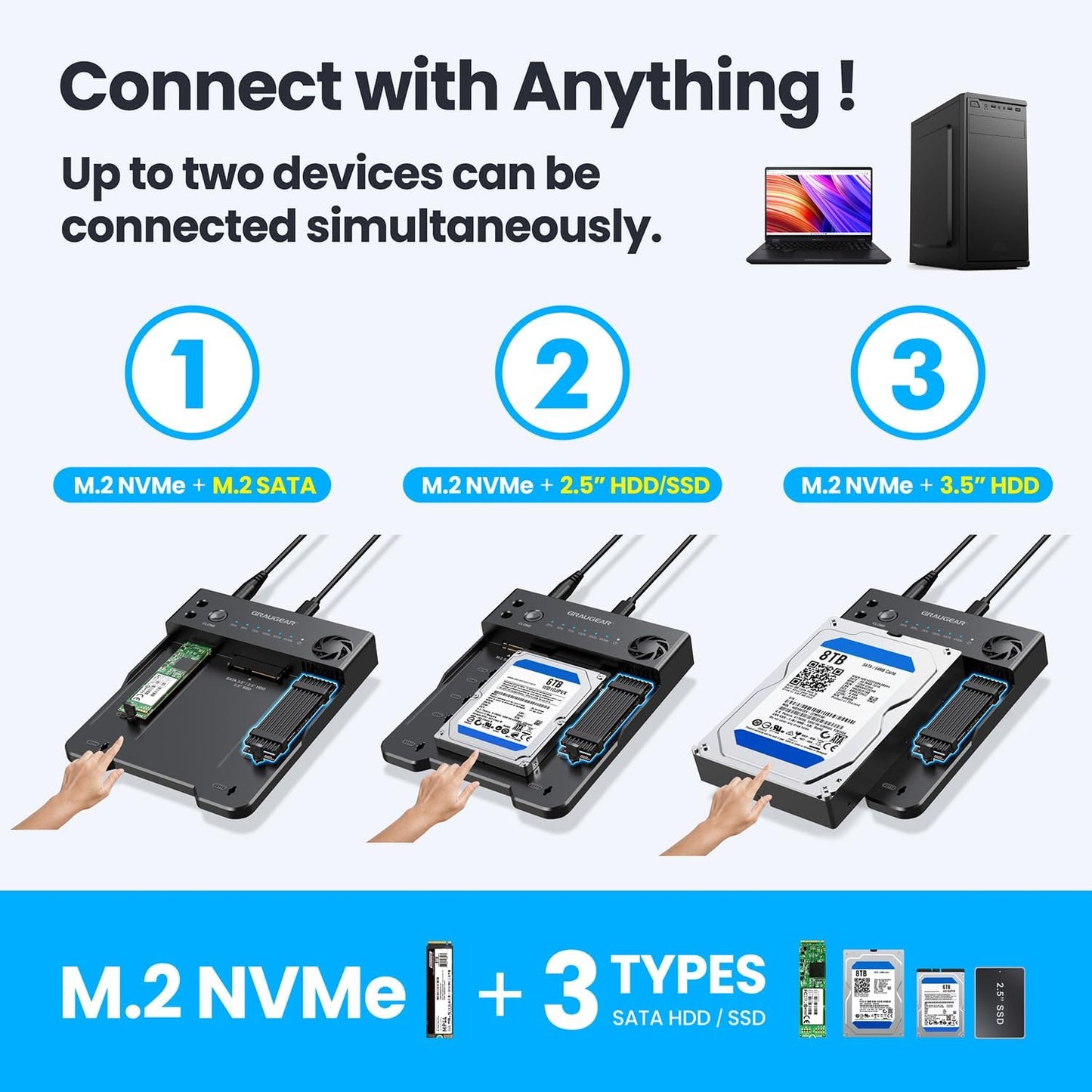 GRAUGEAR SATA SSD/HDD to M.2 NVMe Docking Station, USB-C 10Gbps Clone Station for M.2 NVMe SSD to SATA 2.5”/3.5” SSD & HDD Converter, Offline Cloning, Tool-Free, Built-in Cooling Fan