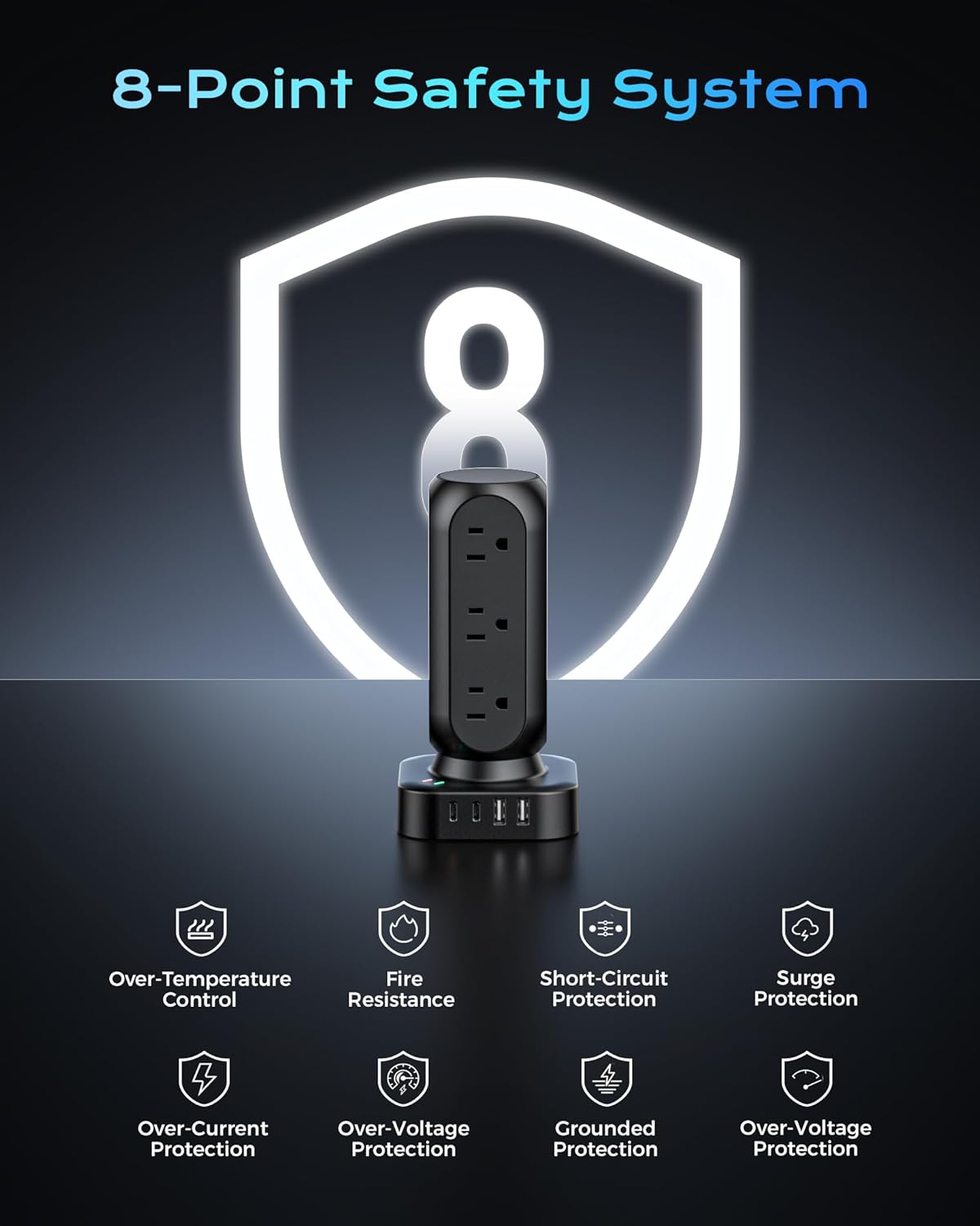 Tower Surge Protector Power Strip, Flat Plug 10FT Extension Cord with Multiple Outlets, 12 AC Outlets & 8 USB Ports, 24W Outlet Extender Overload Protection for Home Office Room