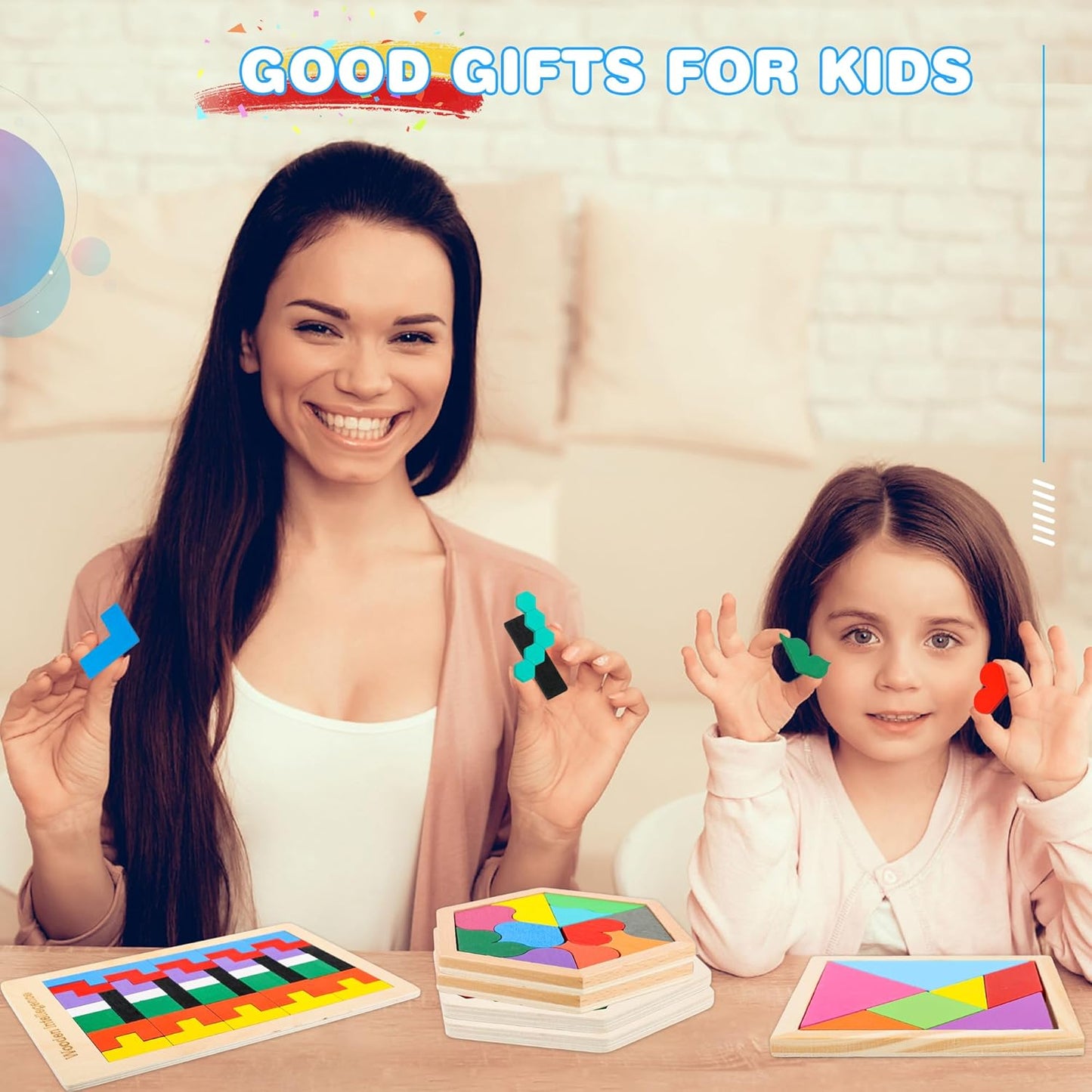 5 Pack Wooden Tangrams Puzzle Set Wooden Hexagon Puzzle Wood Russian Blocks Tangram Puzzle Brain Teaser Puzzles for Kids Adults 3D Logic Intelligence IQ Game Gift