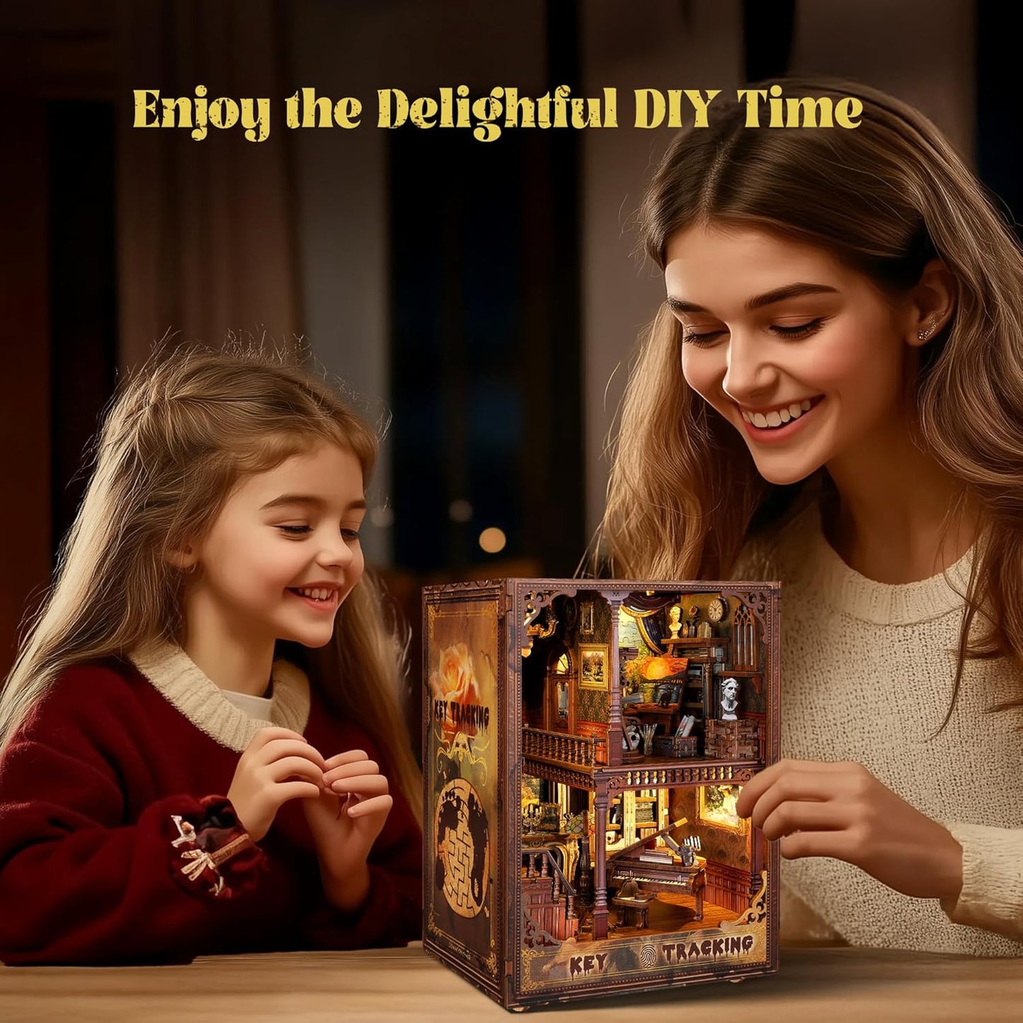 3D Wooden Puzzle Book Nook Kit with LED Light, DIY Miniature Bookshelf Insert Décor for Display, Unique Craft Gift for Adults and Teens (Key Tracking)