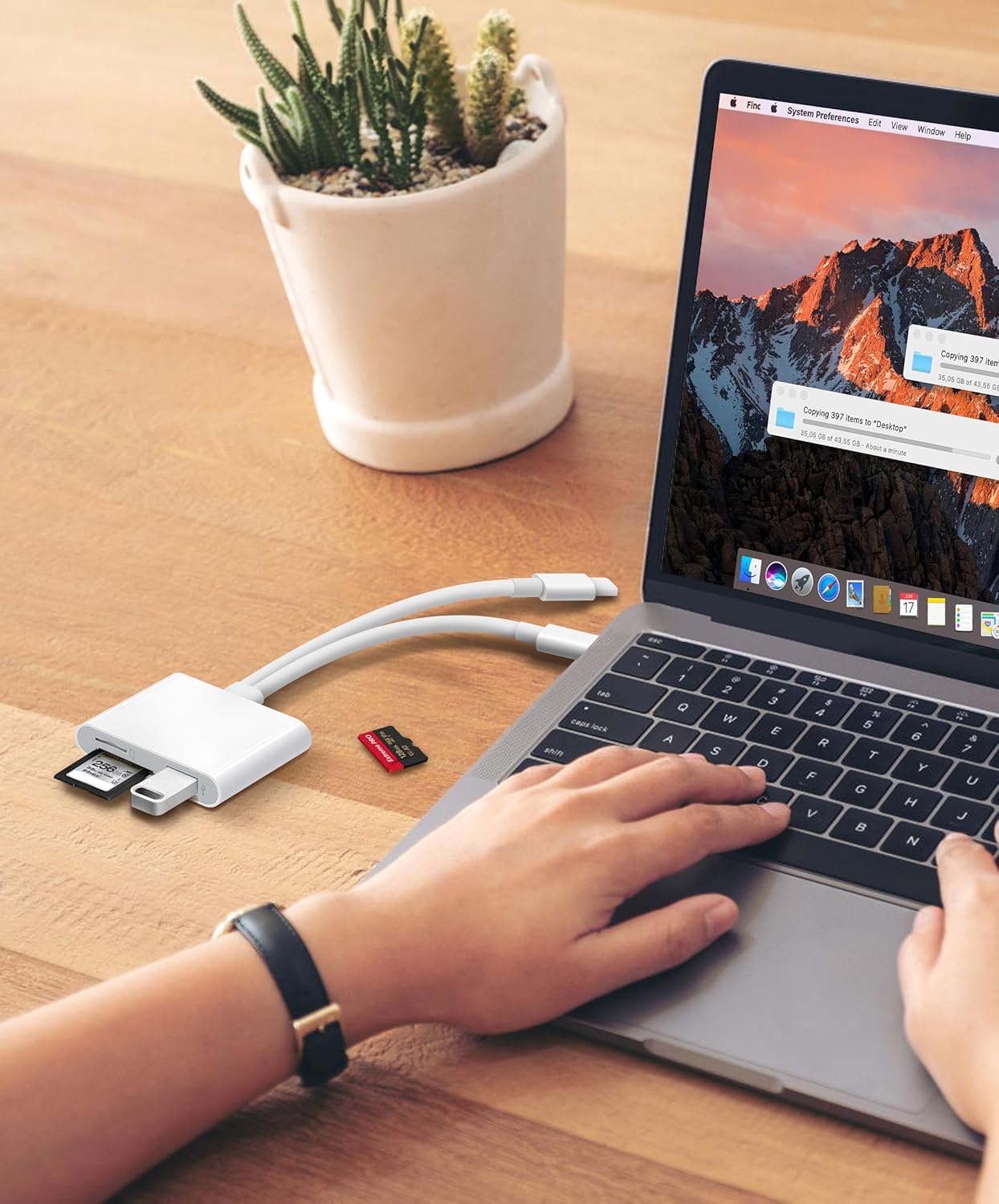 SD Card Reader for iPhone iPad Built-in Dual Cords (Lightening, USB-C) Card Reader with SD MicroSD USB-A 3 Slots Trail Camera Memory Card Viewer Portable No App Required Plug and Play - White