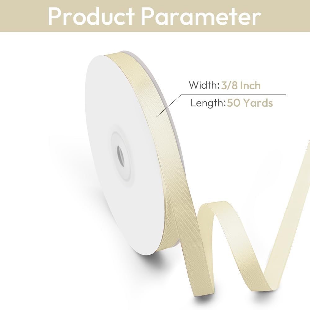 3/8" Width x 50 Yards Satin Fabric Ribbon, Ivory Ribbon Perfect for DIY Bows, Swags, Gift Wrapping, Craft, Flower Bouquet，Christmas and Party Decoration