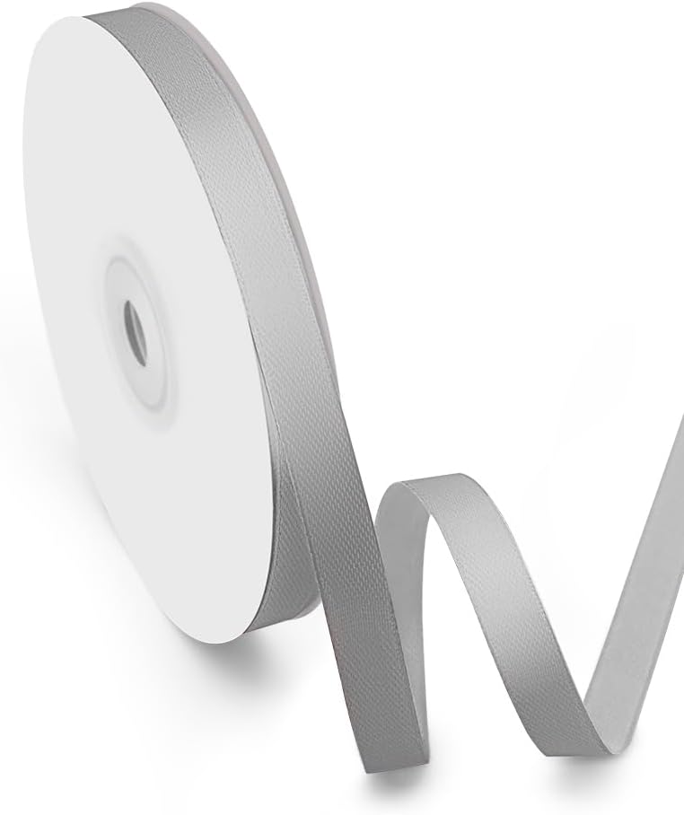 3/8" Width x 50 Yards Satin Fabric Ribbon, Silver Ribbon Perfect for DIY Bows, Swags, Gift Wrapping, Craft, Flower Bouquet，Christmas and Party Decoration