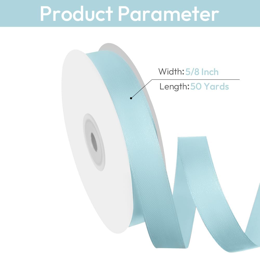 5/8" Width x 50 Yards Satin Fabric Ribbon, Light Blue Ribbon Perfect for DIY Bows, Swags, Gift Wrapping, Craft, Flower Bouquet，Christmas and Party Decoration