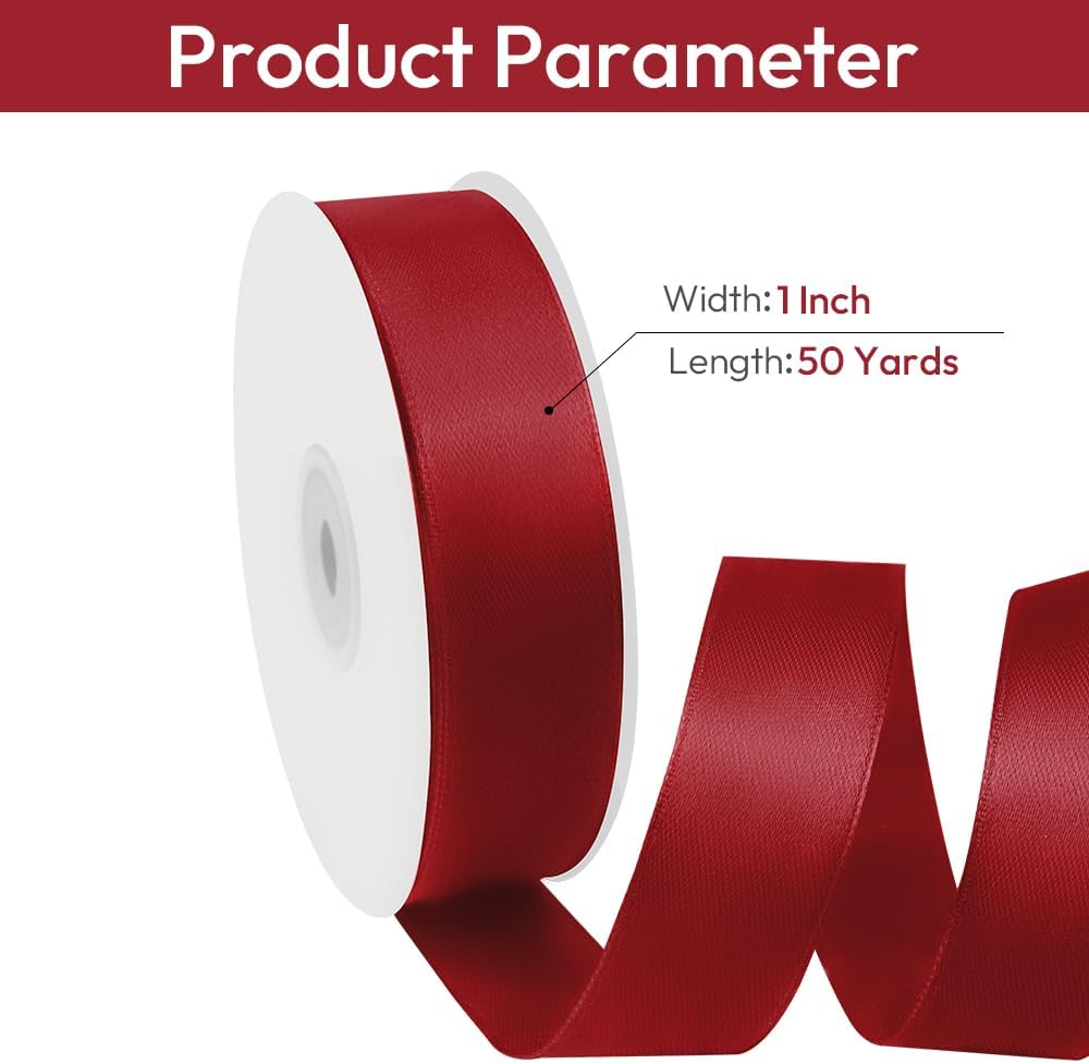 1" Width x 50 Yards Satin Fabric Ribbon, Burgundy Ribbon Perfect for DIY Bows, Swags, Gift Wrapping, Craft, Flower Bouquet, Christmas and Party Decoration