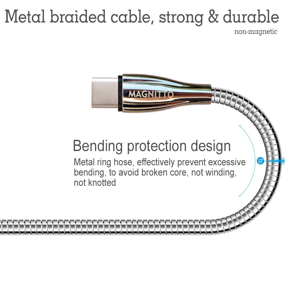 Metal Braided Wire USB C to USB C Cable 6ft, 2Pack, 60W 3A, Stainless Steel, Strong Durable Wire, Tangle Free, Pets Chewing Proof, Silver