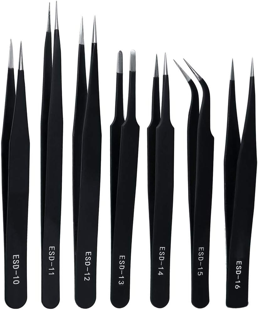 Precision ESD Anti-Static Tweezers, 7 pcs Stainless Steel Tweezers Set for Electronics, Jewelry-making, Laboratory Work, Repairing, Hobbies