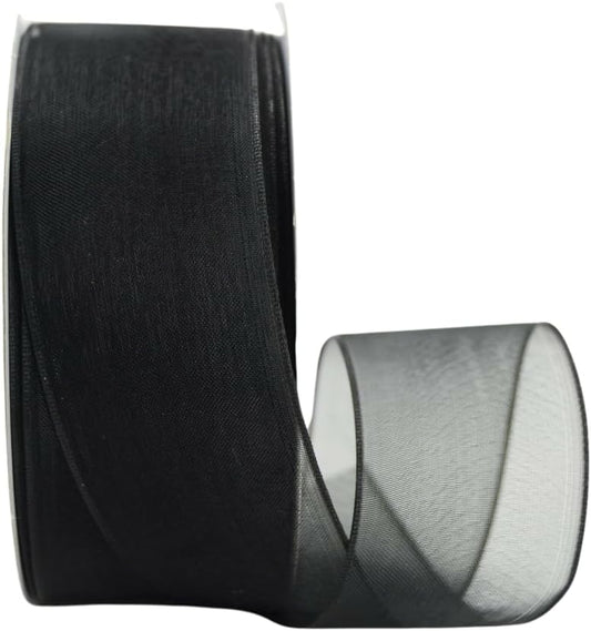Ribbon Bazaar Sheer Organza Wired Ribbon - 100% Polyester Wire Edged Ribbon for Floral Decor, Table Arrangements, Apparel Embellishment & More - 1-1/2" Black 25yd