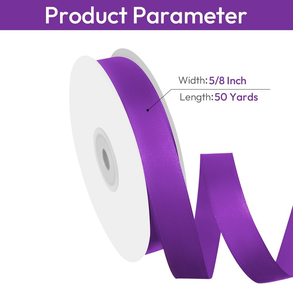 5/8" Width x 50 Yards Satin Fabric Ribbon, Purple Ribbon Perfect for DIY Bows, Swags, Gift Wrapping, Craft, Flower Bouquet，Christmas and Halloween Party Decoration