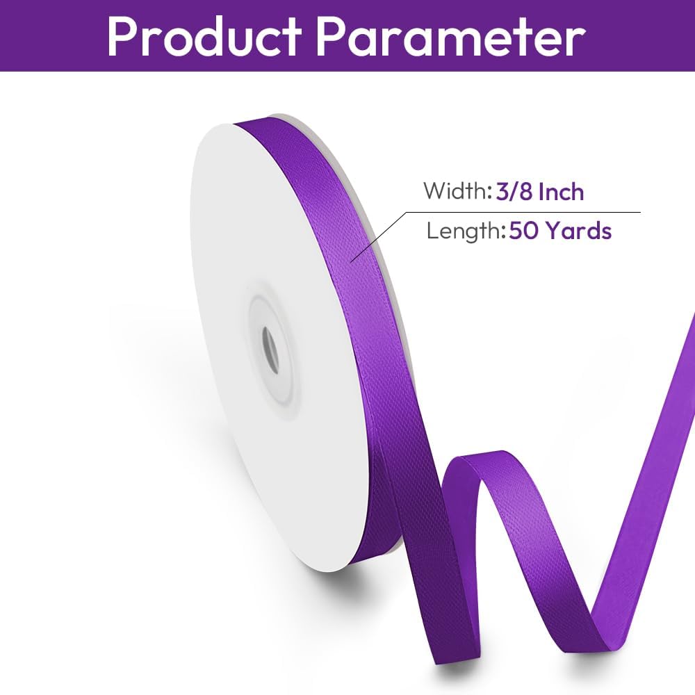 3/8" Width x 50 Yards Satin Fabric Ribbon, Thin Purple Ribbon Perfect for DIY Bows, Swags, Gift Wrapping, Craft, Flower Bouquet，Christmas and Halloween Party Decoration