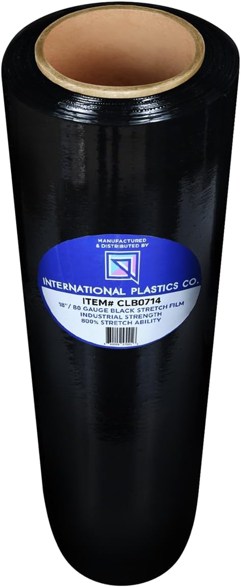 International Plastics Co. Black 18" Stretch Film/Wrap 1500 feet 7 Layers 80 Gauge Industrial Strength 800% Stretch 20 Microns Durable Adhering Packing Moving Heavy Duty Shrink Film (1 Pack, Black)