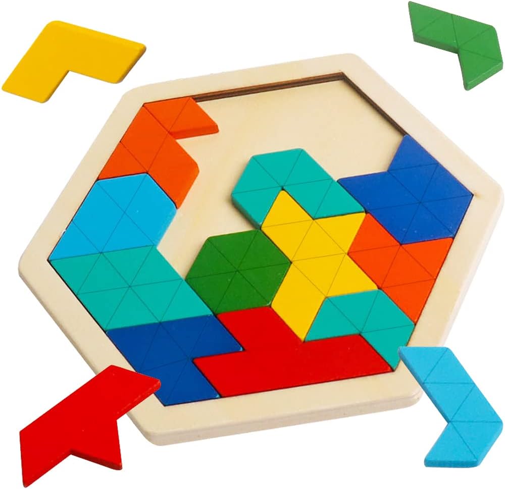 Skrtuan Wooden Hexagon Puzzle for Kid Adults Brain Teaser Blocks Puzzles Games Toy Shape Pattern Block Tangram Geometry Logic IQ STEM Montessori Educational Gift for Kids Children Boys Girls