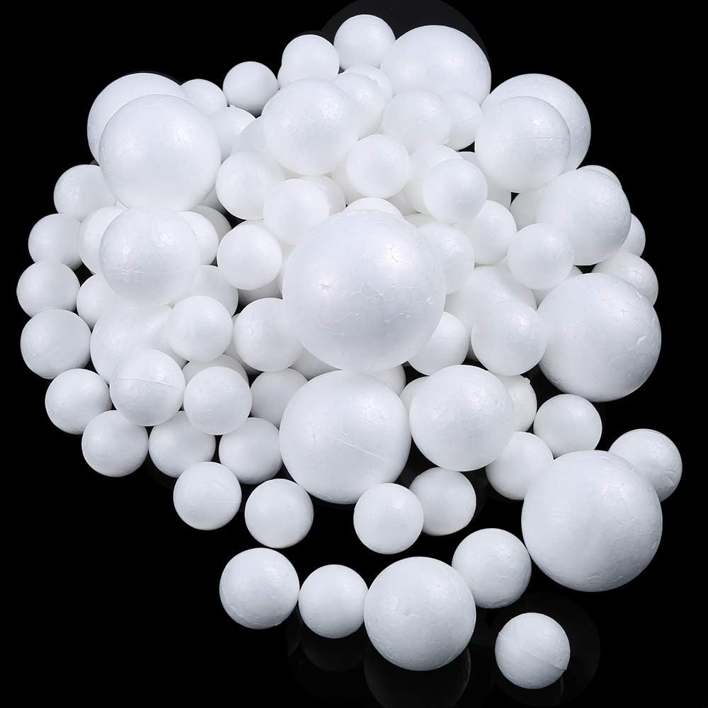 Pllieay 100 White Foam Balls - 5 Sizes, Polystyrene Craft Ball for DIY Art, School Projects and Christmas Decoration