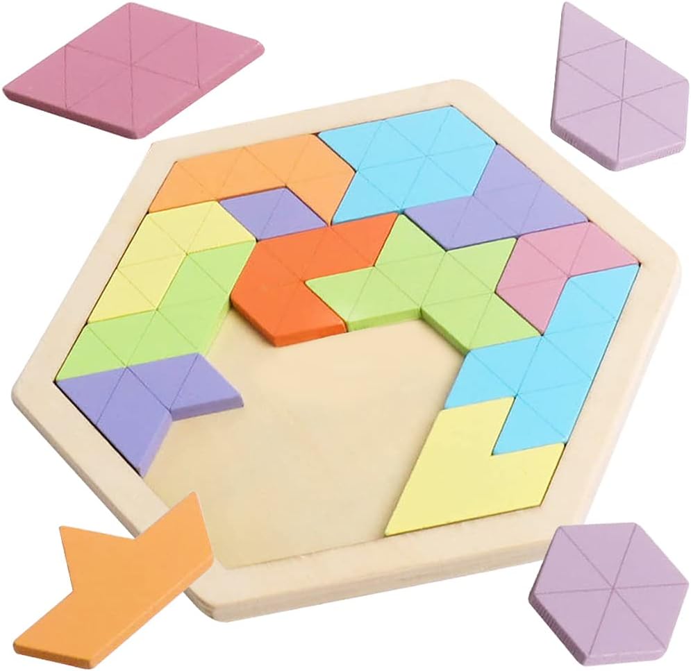 Skrtuan Wooden Hexagon Puzzle for Kid Adults Wooden Blocks Puzzle Brain Teasers Toy Shape Pattern Blocks Tangram Puzzles Games Family Portable Montessori Educational Gift for Kid Children