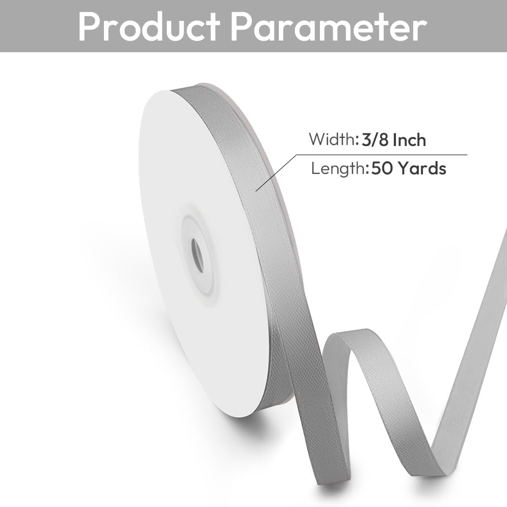 3/8" Width x 50 Yards Satin Fabric Ribbon, Silver Ribbon Perfect for DIY Bows, Swags, Gift Wrapping, Craft, Flower Bouquet，Christmas and Party Decoration