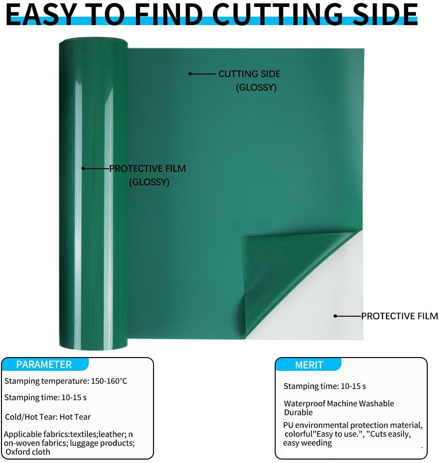 Guangyintong Heat Transfer Vinyl Rolls, 12" x 12ft Matte Green HTV for T-Shirts, All Cutter Machines, Easy Cut & Weed