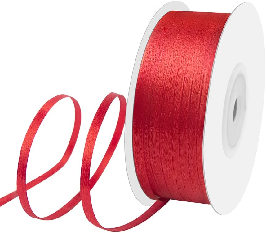 1/8" Width x 100 Yards Satin Ribbon, Thin Red Ribbon Perfect for DIY Craft, Bows, Gift Wrapping, Flower Bouquet, Valentine's Day, Christmas and Party Decoration