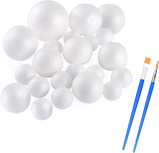 hesmartly 60 Pack Craft Foam Balls,White Polystyrene Smooth Round Balls, 6 Sizes Foam Balls and 2 Pieces Painting Brushes for DIY Projects Arts and Crafts Supplies