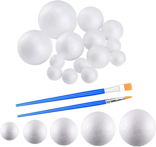 hesmartly 50 Pack Craft Foam Balls,White Polystyrene Smooth Round Balls, 5 Sizes Foam Balls and 2 Pieces Painting Brushes for DIY Projects Arts and Crafts Supplies