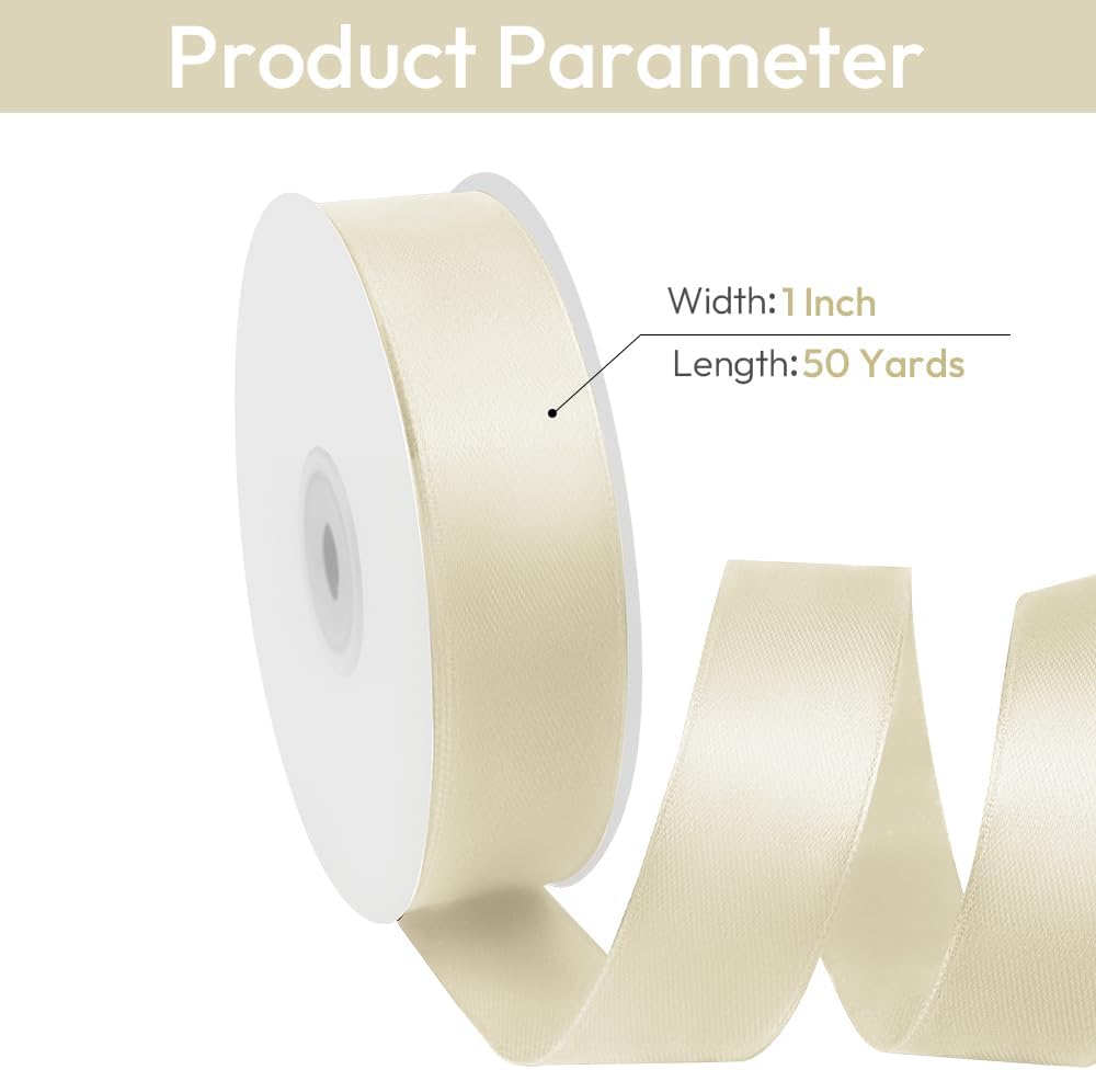 1" Width x 50 Yards Satin Fabric Ribbon, Ivory Ribbon Perfect for DIY Bows, Swags, Gift Wrapping, Craft, Flower Bouquet，Christmas and Party Decoration