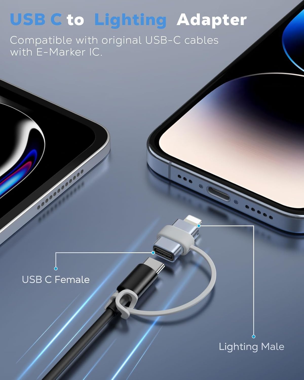 MoKo USB C to Lightning Adapter, Not for Audio/OTG, Lightning Male to USB C Female Adapter for iPhone 14/13/12/11/X Series, iPad/AirPods, Support Charging & Data Sync, with Anti-Lost Loop, Gray