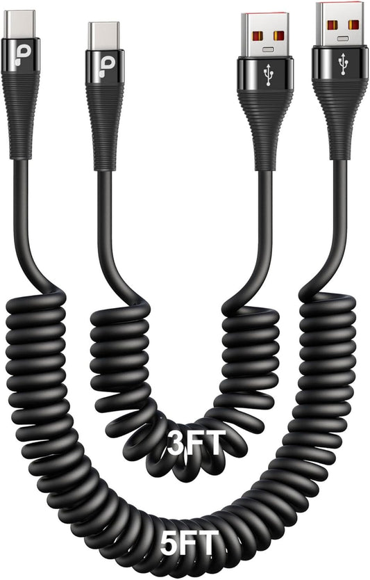 PRAKIE Coiled USB C Cable Fast Charging for Car 3FT/5FT, USB A to USB C Cable, Type C Charge Cord USB-C Charging Cable Compatible with iPhone 17/16/15/Samsung Galaxy S20 and More USB C Devices-Black