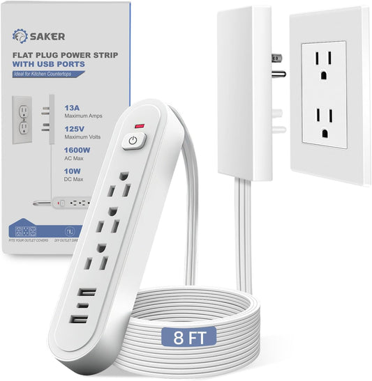 Saker Outlet Concealer Power Strip, 8FT Surge Protector Flat Extension Cord with 3 Outlets and 3 USB Ports, Outlet Cover Baby Proofing for Kitchen, Home and Office (8FT)