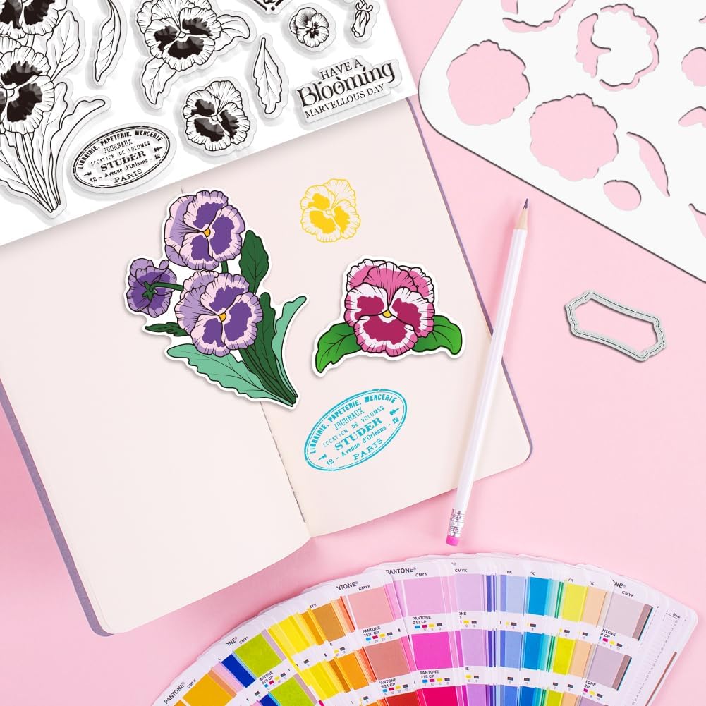 ORIGACH Realistic Pansy Stamps and Dies and Layering Coloring Stencil Set, Silicone Stamps Metal Die Cut and Flower Stencil Template for Card Making Scrapbooking DIY Crafting