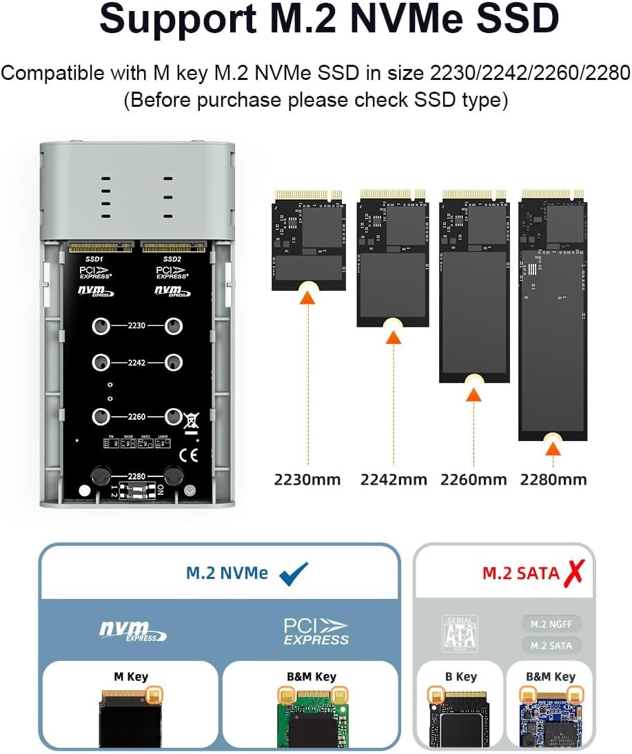 MAIWO Dual M.2 NVMe SSD Enclosure with 4 RAIDs, M.2 NVMe PCIe RAID Enclosure Supports RAID0/1/PM/Large, USB 3.2 Gen2x2 Type-C 20Gbps Speed, 8TB Capacity