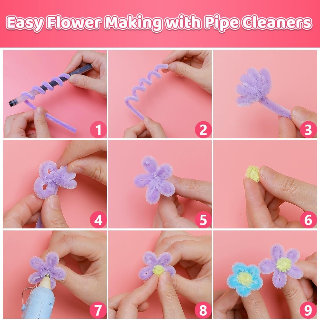 IOOLEEM Pink Pipe Cleaners,200pcs in 5 Colors, Chenille Stems for Art and Craft Projects, Flower DIY Decorations