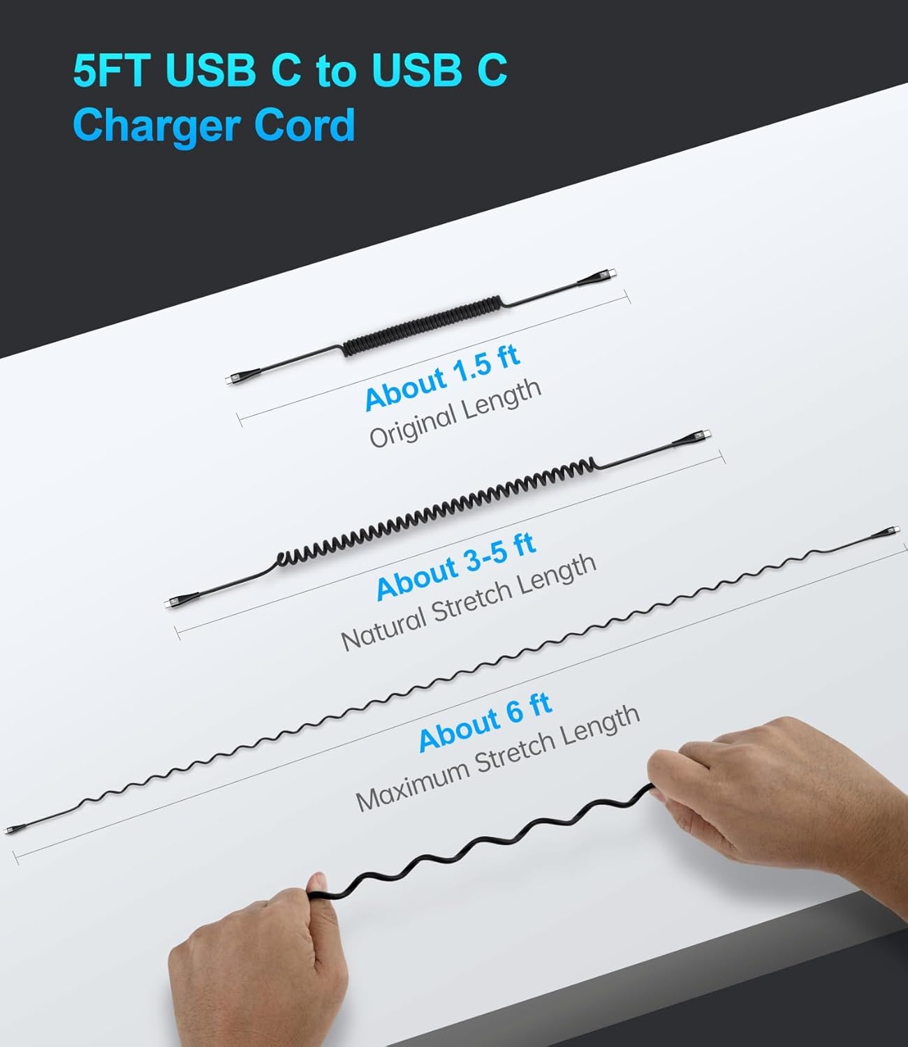 Coiled USB C to C Cable for Car 5FT, USB Type C Charger Cable Short USBC Fast Charging Cable for iPhone 17/16/15/Pro/Plus/Pro Max/Samsung Galaxy S23, Compatible All Type C Devices-Black 2Pack