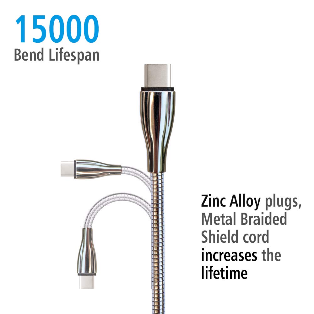 Metal Braided Wire USB C to USB C Cable 6ft, 2Pack, 60W 3A, Stainless Steel, Strong Durable Wire, Tangle Free, Pets Chewing Proof, Silver