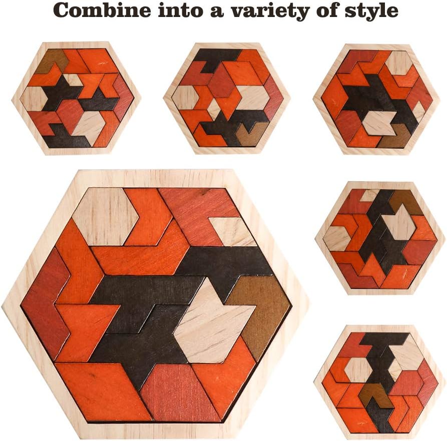 Skrtuan Wooden Puzzle Hexagon Tangram Puzzle for Kids Adults Brain Teasers Puzzles Game Challenge Toy Shape Pattern Block Tangram Family Portable Montessori Educational Gift for Kids Boys Girls